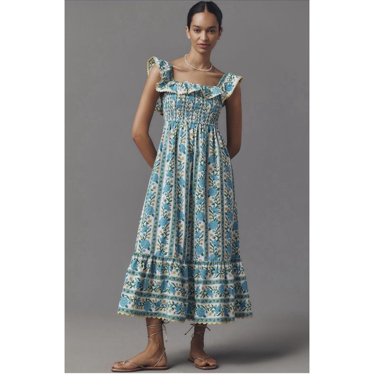Anthropologie Pink City Sleeveless Ruffled Midi Hibiscus Dress Size Xs Nwt